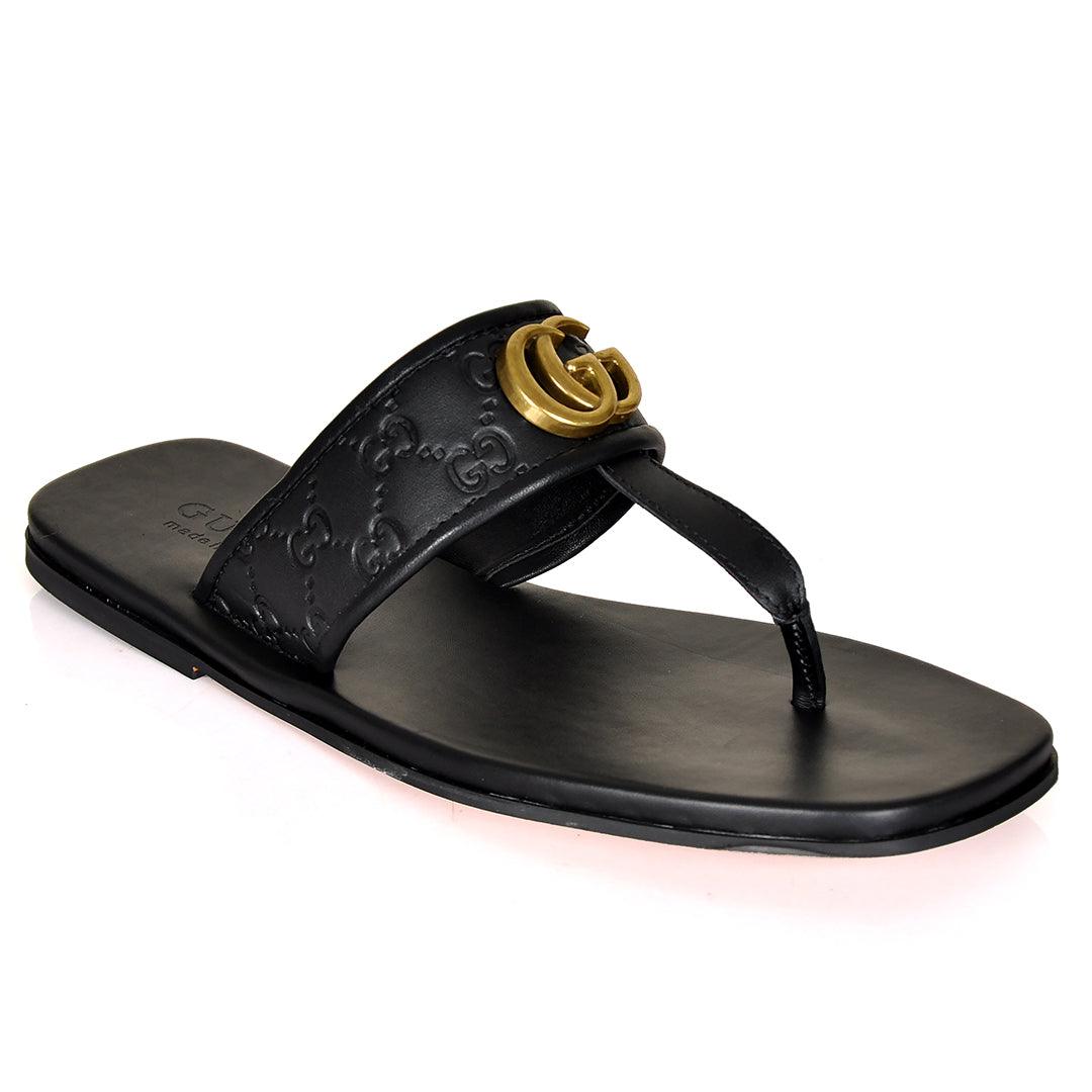 GC Created Leather Gold Logo Slippers- Black - Obeezi.com