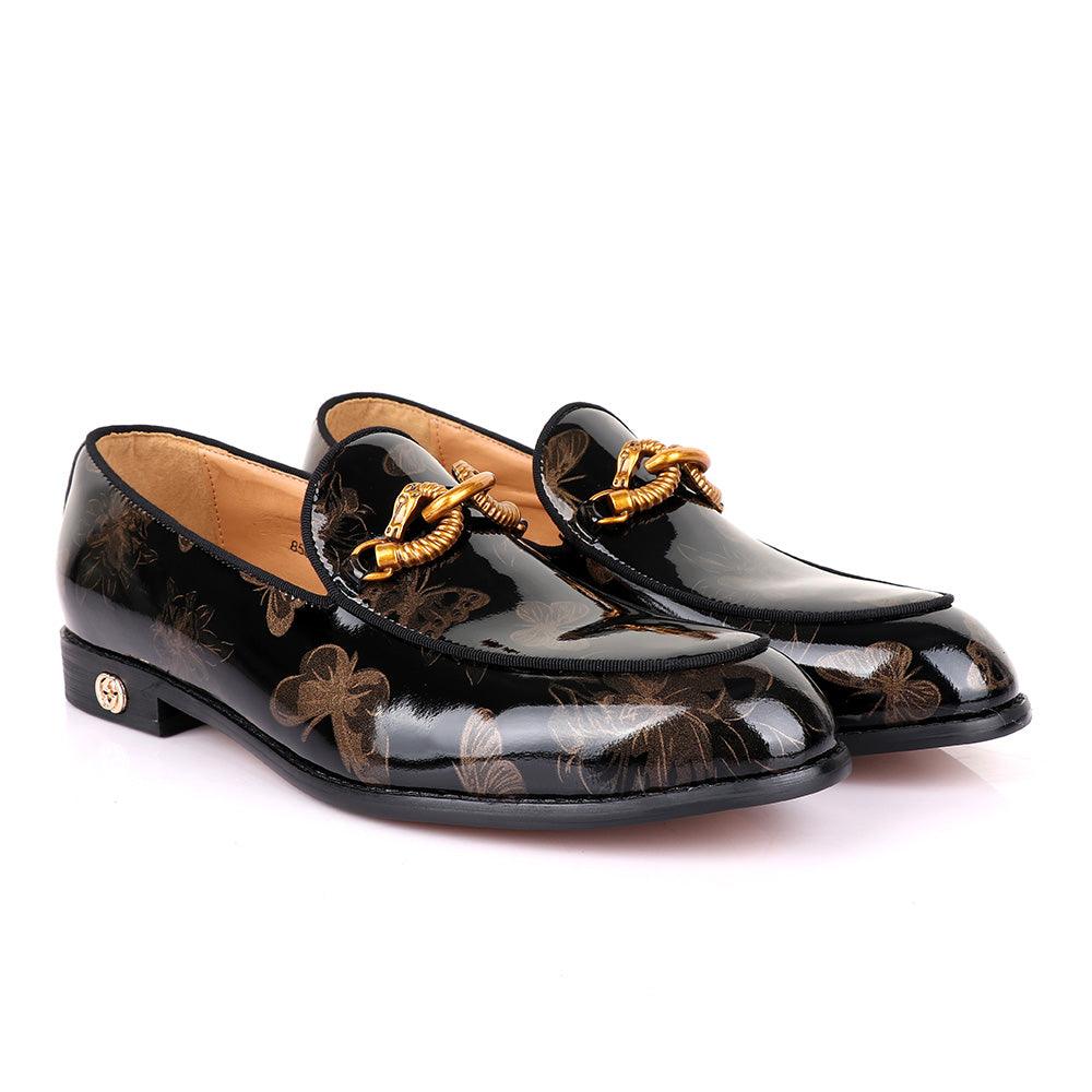 GC Luxury Flower Horse Lock Black Glossy Leather Shoe - Obeezi