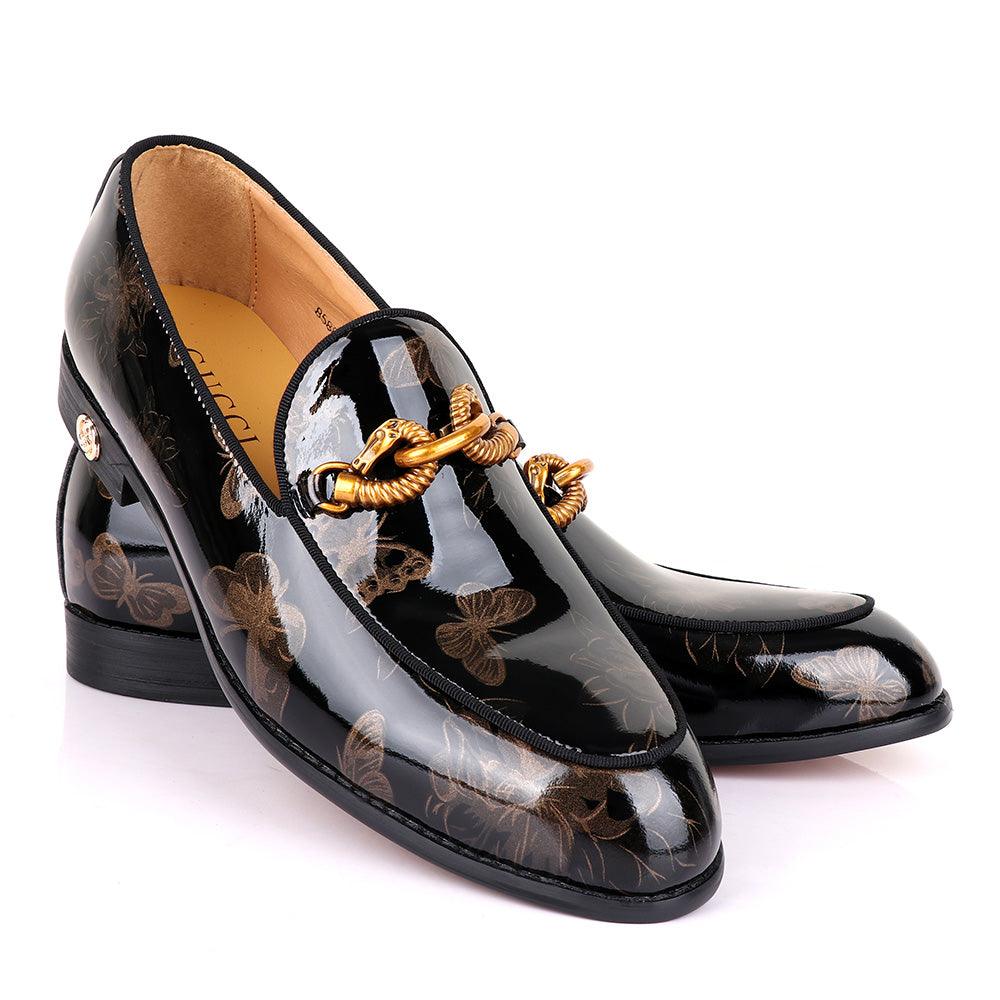 GC Luxury Flower Horse Lock Black Glossy Leather Shoe - Obeezi