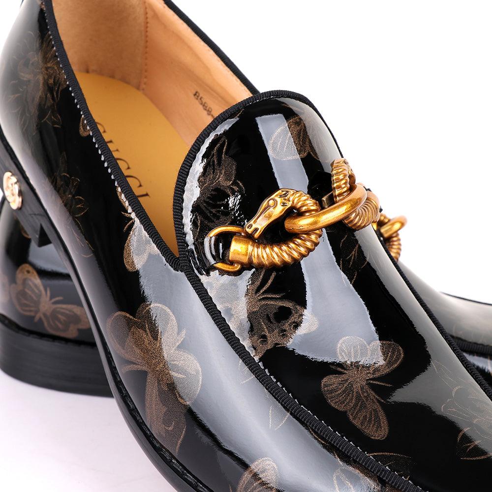 GC Luxury Flower Horse Lock Black Glossy Leather Shoe - Obeezi