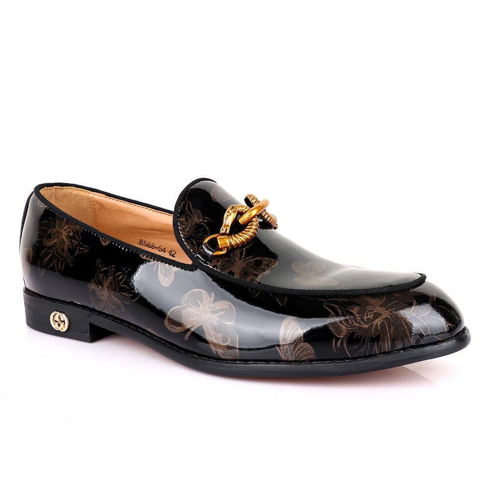 GC Luxury Flower Horse Lock Black Glossy Leather Shoe - Obeezi