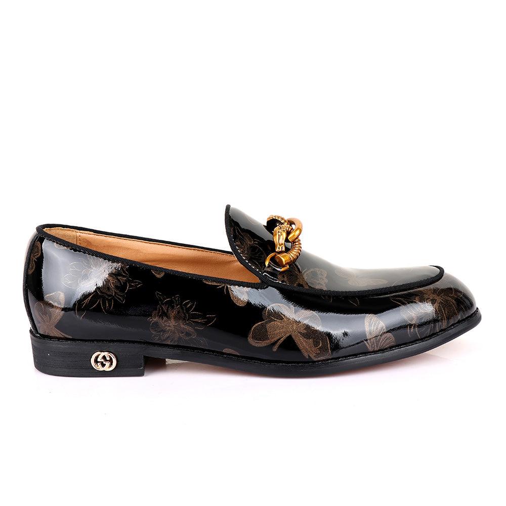 GC Luxury Flower Horse Lock Black Glossy Leather Shoe - Obeezi