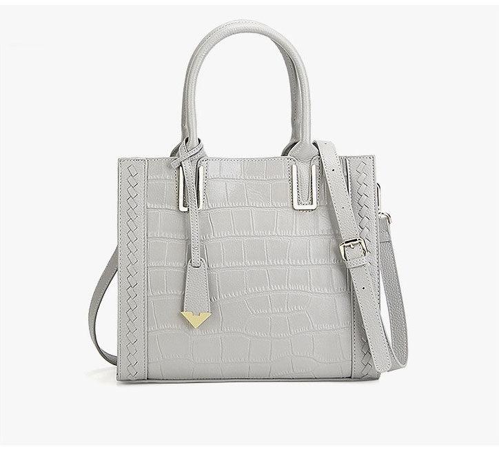 Genuine Leather Lady Tote With Metal Handbags Grey - Obeezi.com