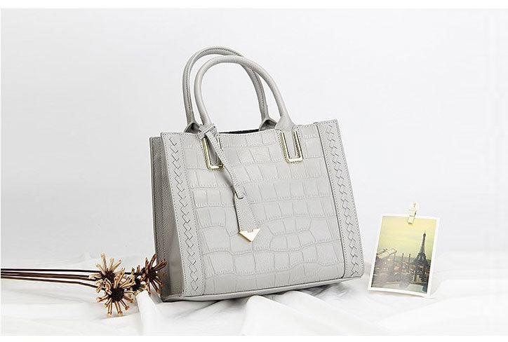 Genuine Leather Lady Tote With Metal Handbags Grey - Obeezi.com