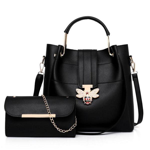 Genuine Leather Metal Butterfly Women Black Handbag Set - Obeezi.com