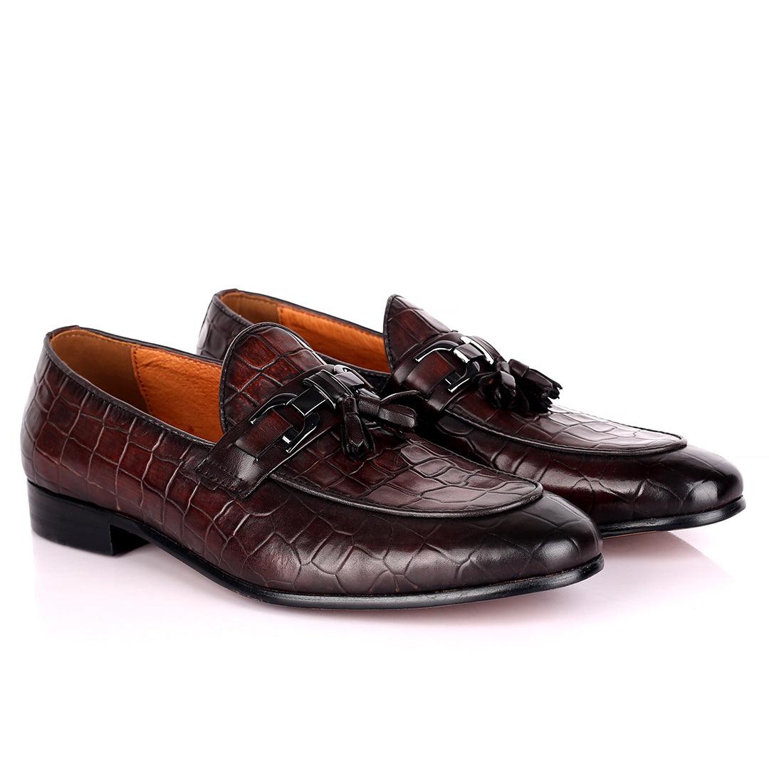 Gian Classic Tassel And Croc Designed Coffee Leather Shoe - Obeezi.com