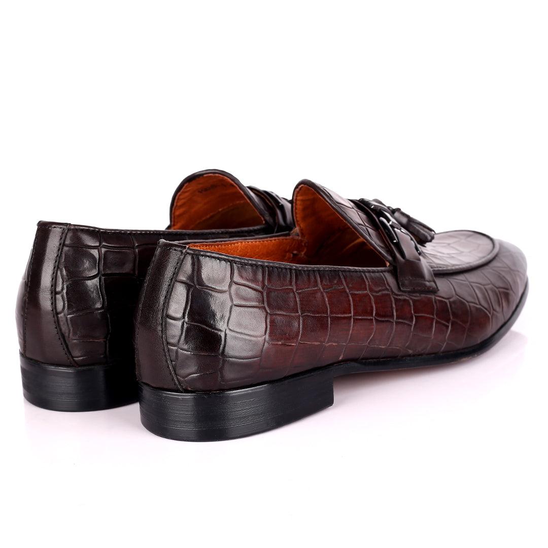 Gian Classic Tassel And Croc Designed Coffee Leather Shoe - Obeezi.com