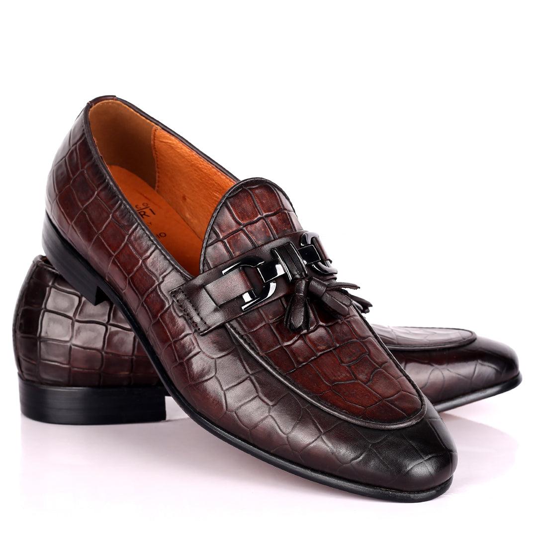 Gian Classic Tassel And Croc Designed Coffee Leather Shoe - Obeezi.com