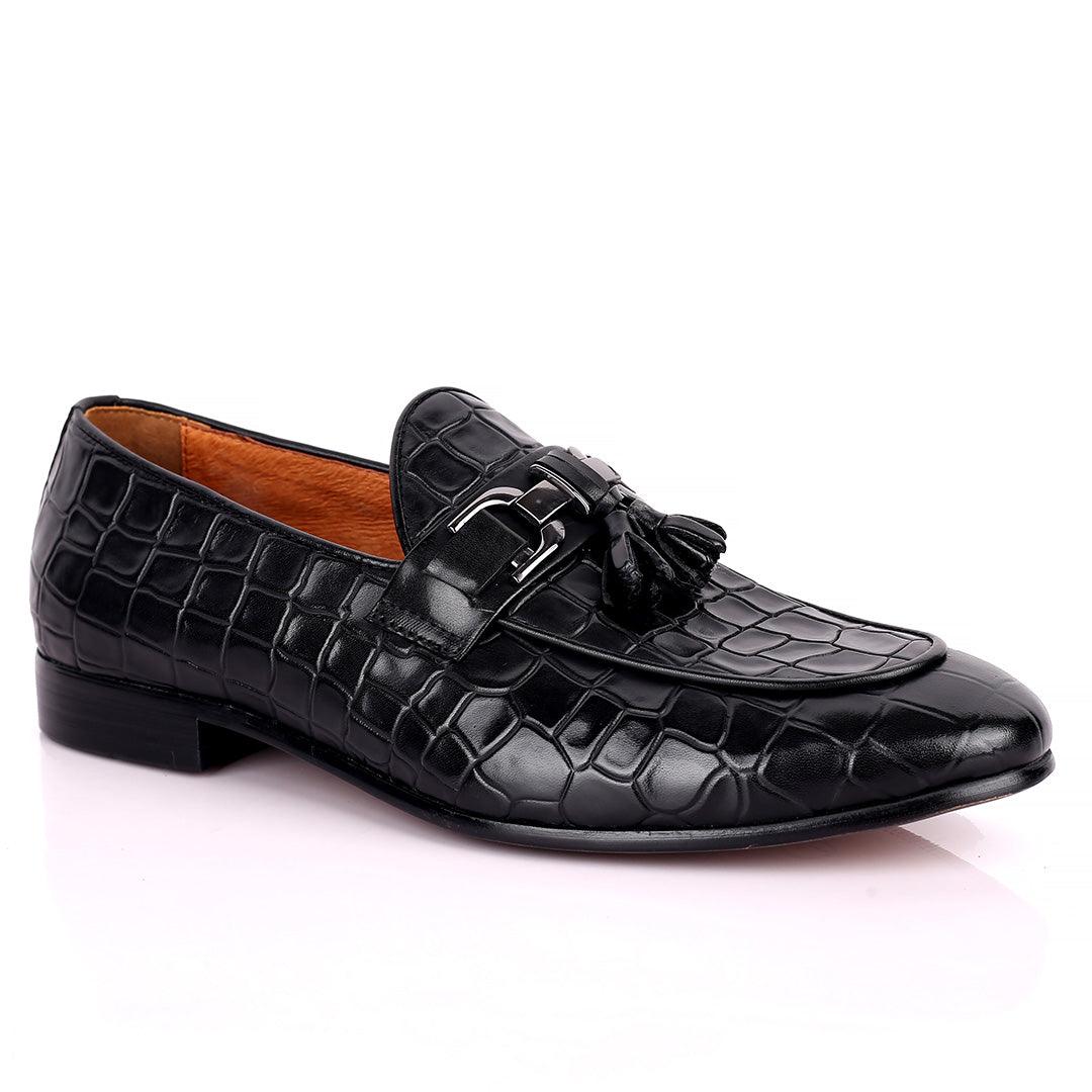 Gian Classic Tassel And Croc Designed Leather Shoe - Black - Obeezi.com