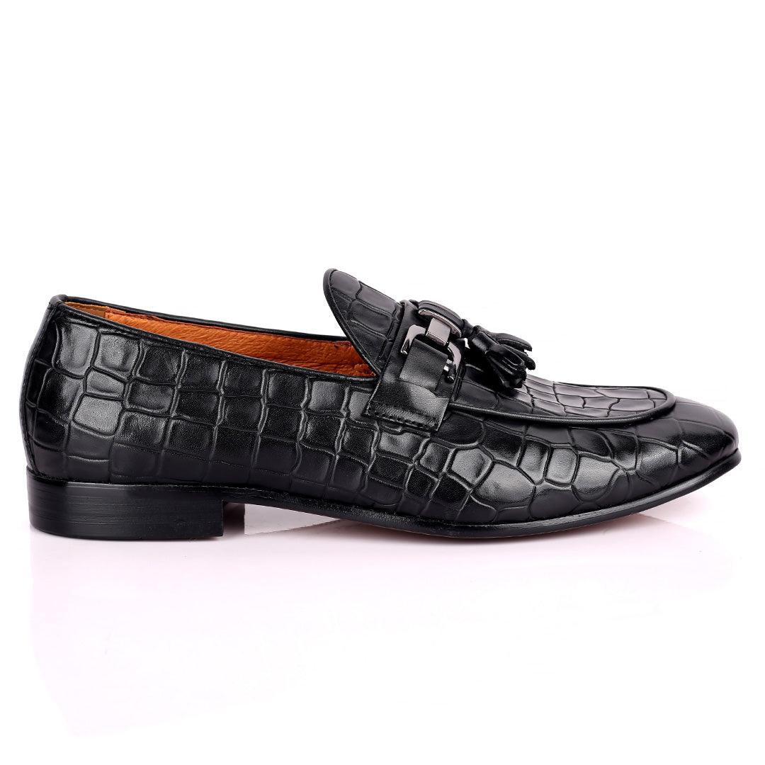 Gian Classic Tassel And Croc Designed Leather Shoe - Black - Obeezi.com