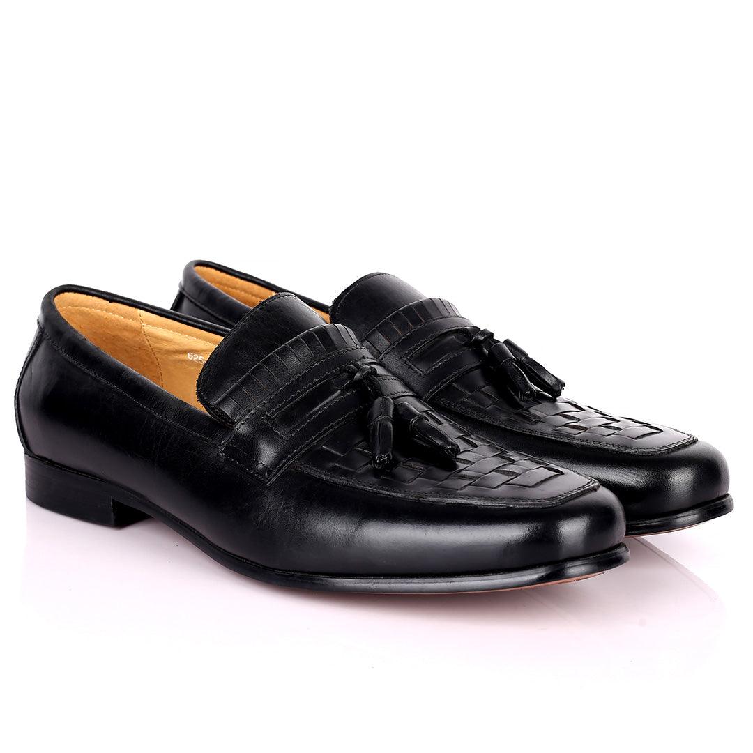 Gian Elegant Checkers And Fringe Designed Loafers Shoe - Black - Obeezi.com