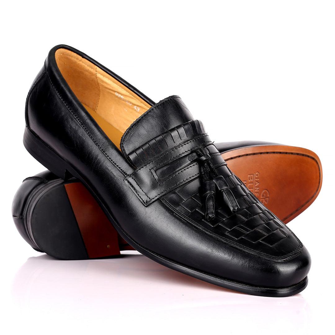 Gian Elegant Checkers And Fringe Designed Loafers Shoe - Black - Obeezi.com
