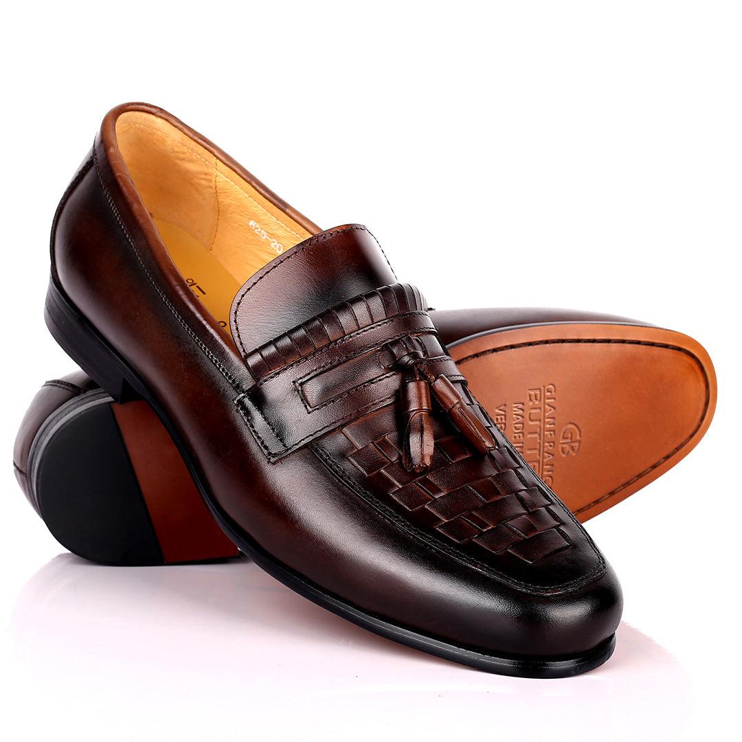 Gian Elegant Checkers And Fringe Designed Loafers Shoe - Coffee - Obeezi.com