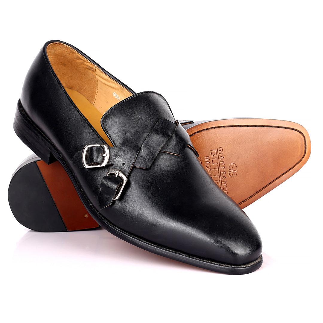 Gian Elegant Intertwined Double Belt Designed Formal Shoe - Black - Obeezi.com