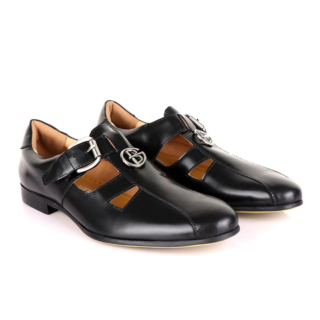 Gianfranco Butteri Black Leather with Golden Logo Sandals - Obeezi