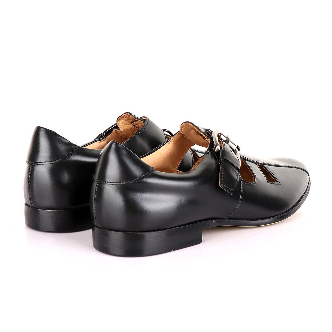 Gianfranco Butteri Black Leather with Golden Logo Sandals - Obeezi