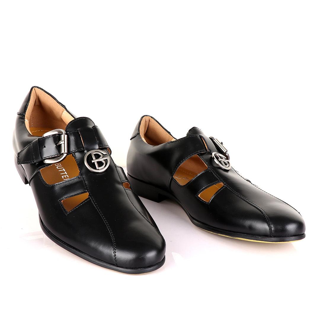 Gianfranco Butteri Black Leather with Golden Logo Sandals - Obeezi