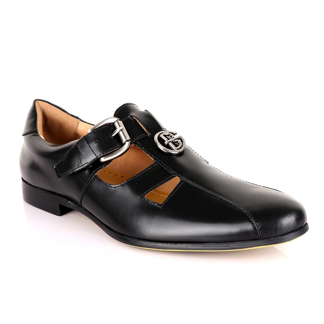 Gianfranco Butteri Black Leather with Golden Logo Sandals - Obeezi