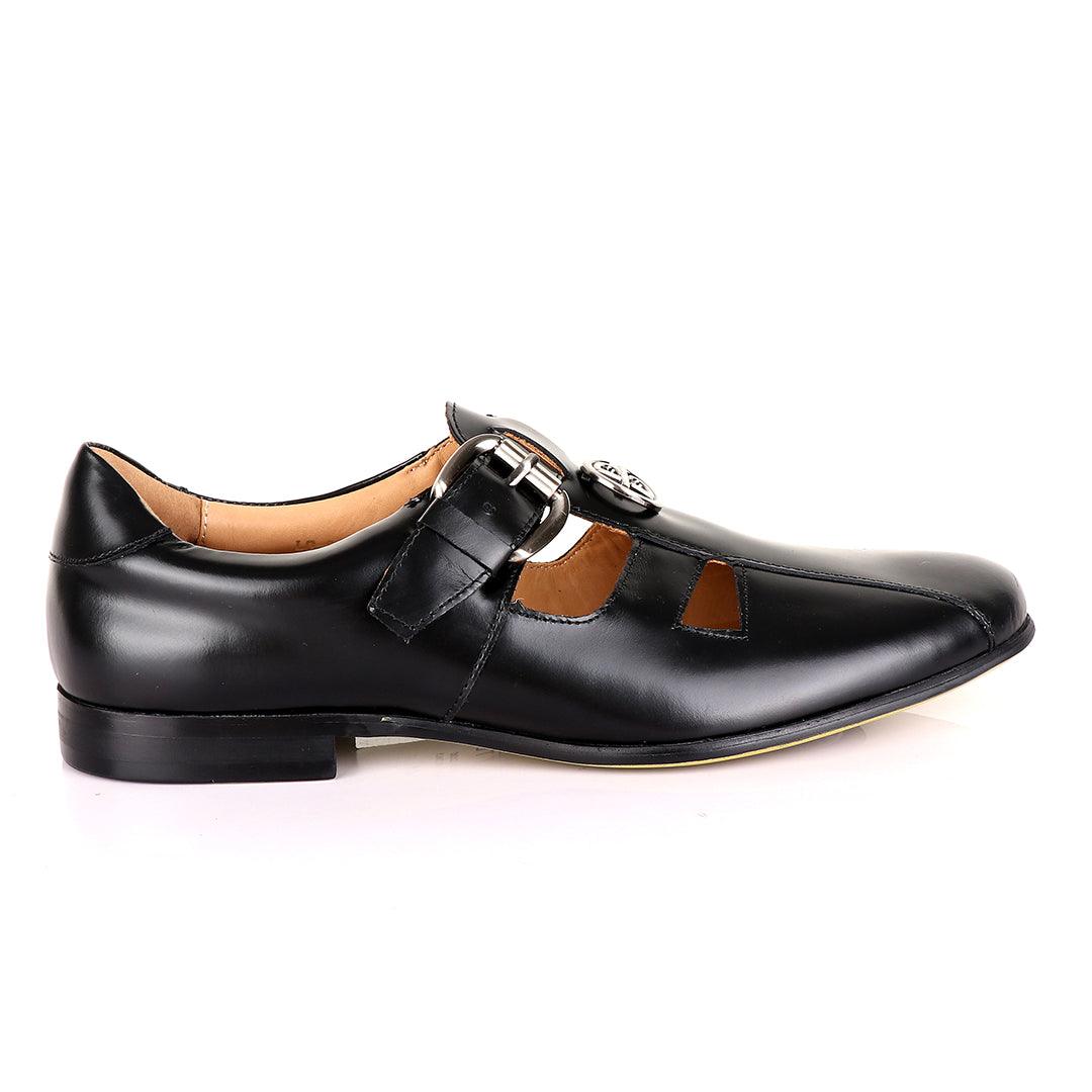 Gianfranco Butteri Black Leather with Golden Logo Sandals - Obeezi