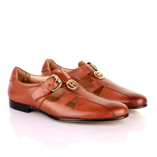 Gianfranco Butteri Brown Leather with Golden Logo Sandals - Obeezi