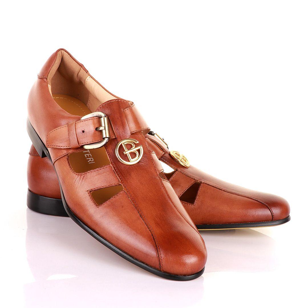 Gianfranco Butteri Brown Leather with Golden Logo Sandals - Obeezi