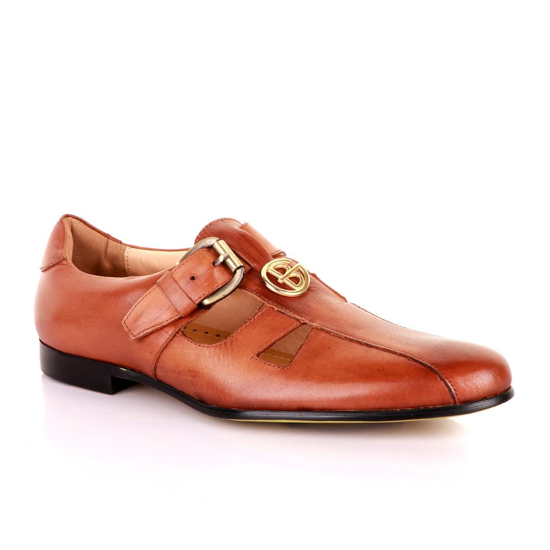 Gianfranco Butteri Brown Leather with Golden Logo Sandals - Obeezi
