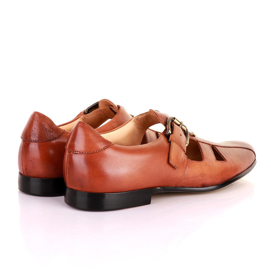 Gianfranco Butteri Brown Leather with Golden Logo Sandals - Obeezi