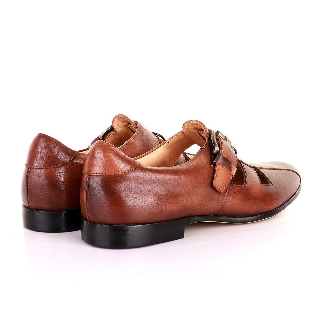 Gianfranco Butteri Coffee Brown Leather with Silver Logo Sandals - Obeezi