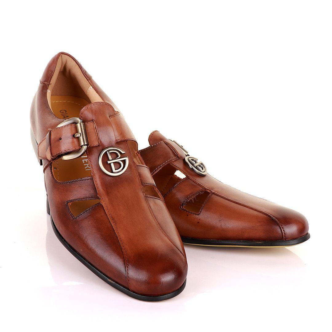 Gianfranco Butteri Coffee Brown Leather with Silver Logo Sandals - Obeezi