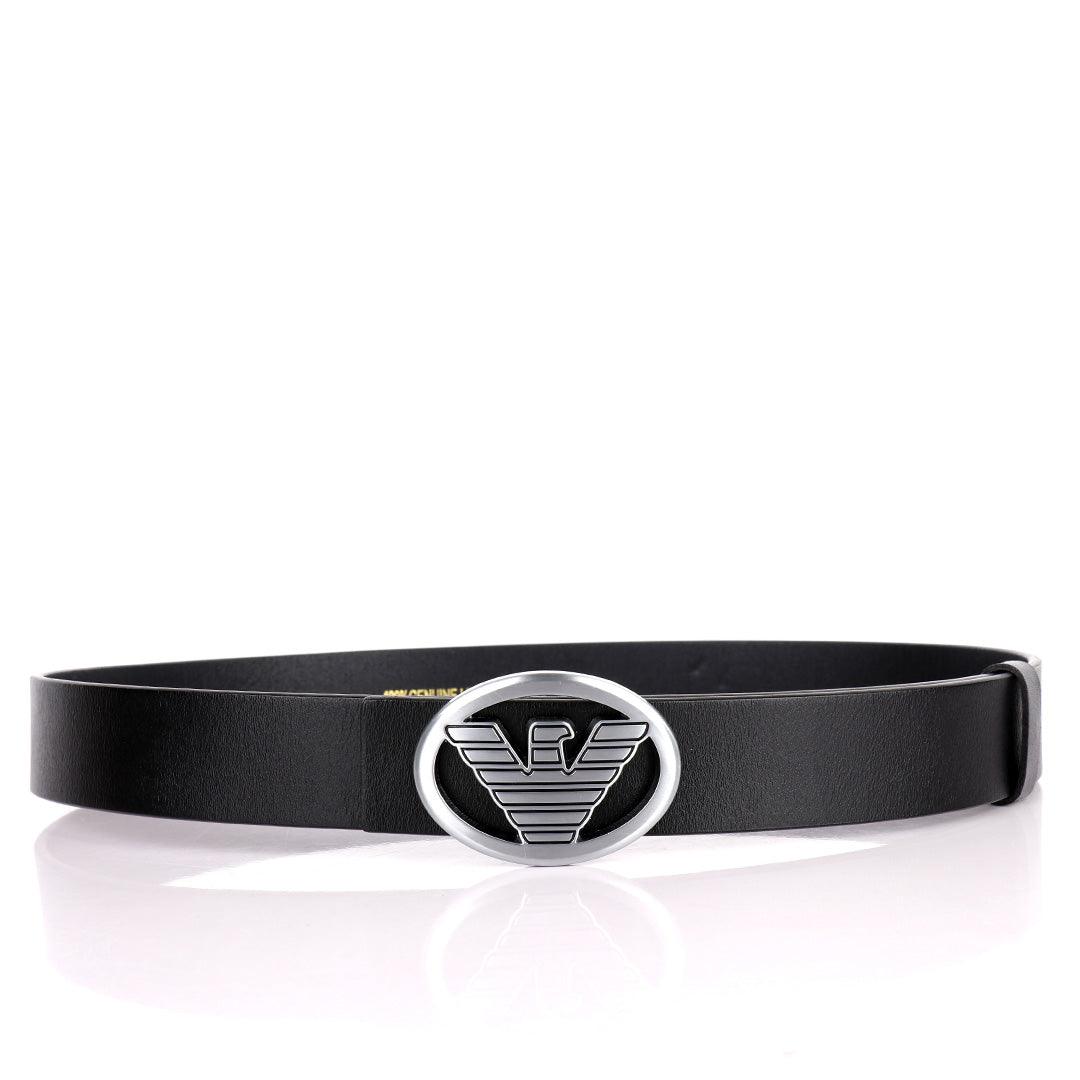 Giorgio Armani Silver Eagle In Oval Logo Genuine Leather Black Belt - Obeezi.com