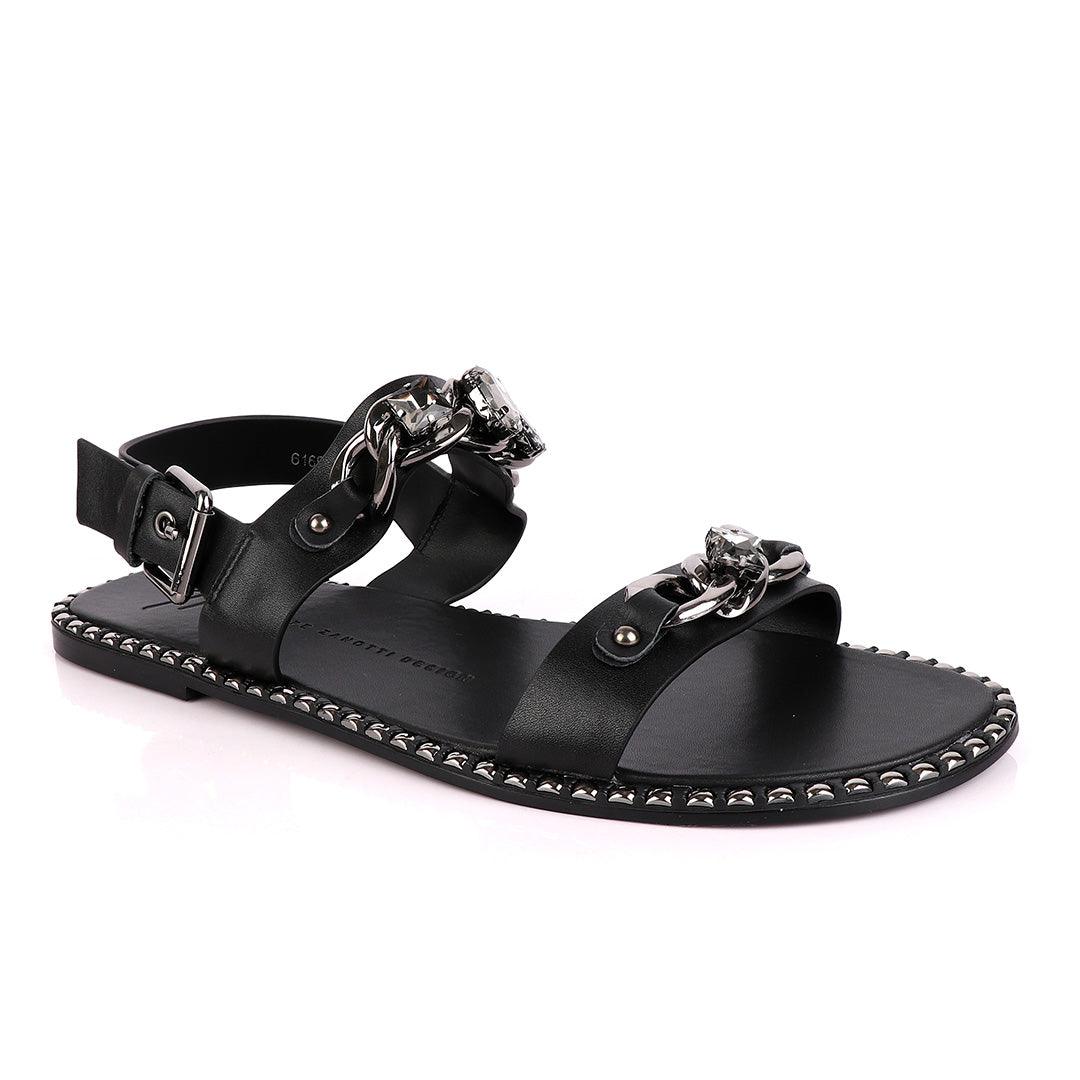 Giuseppe Zanotti Black Chain Double Stone Leather Sandal - Obeezi