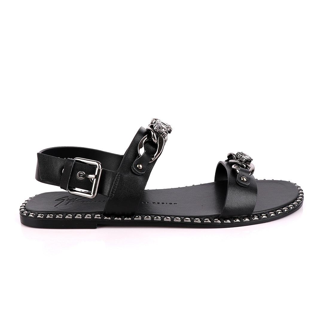 Giuseppe Zanotti Black Chain Double Stone Leather Sandal - Obeezi