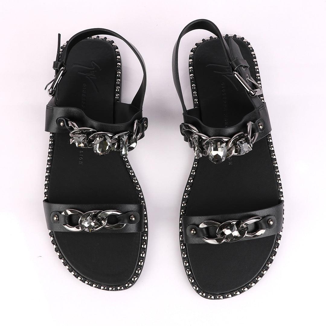Giuseppe Zanotti Black Chain Double Stone Leather Sandal - Obeezi