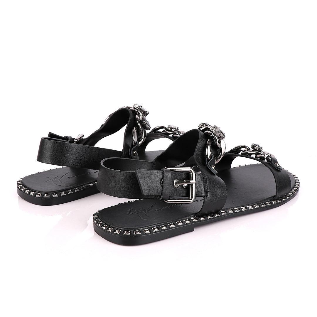 Giuseppe Zanotti Black Chain Double Stone Leather Sandal - Obeezi