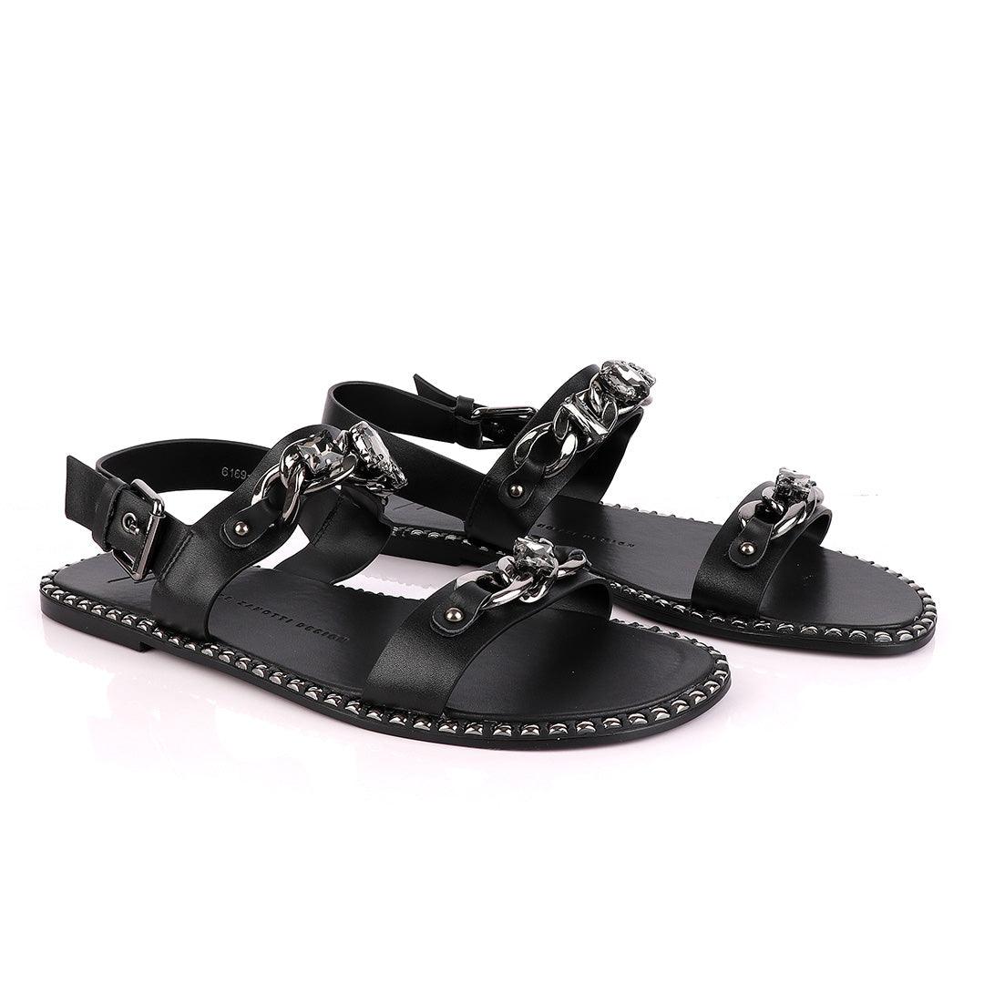 Giuseppe Zanotti Black Chain Double Stone Leather Sandal - Obeezi