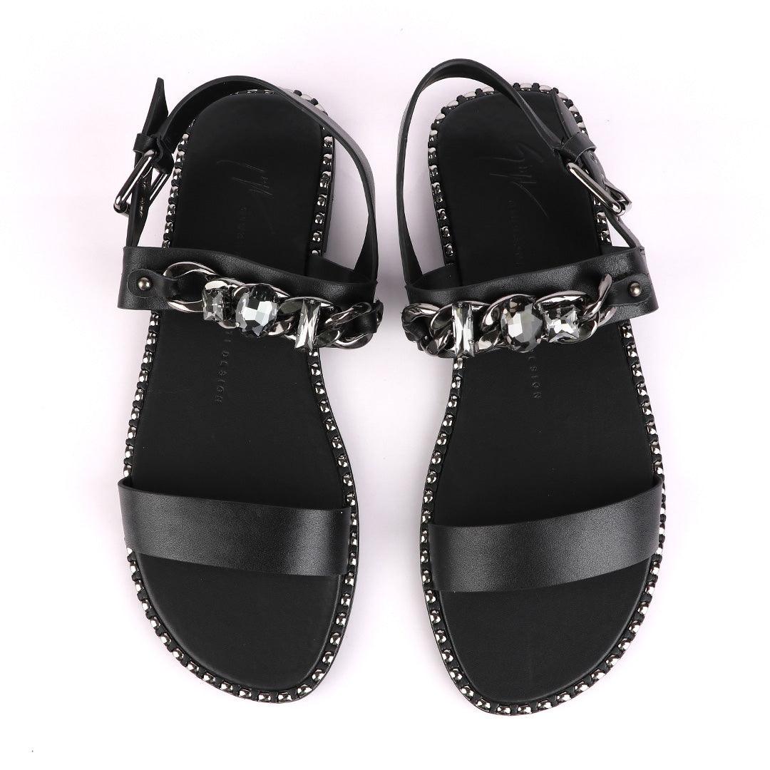 Giuseppe Zanotti Black Chain With Stone Design Leather Sandal - Obeezi