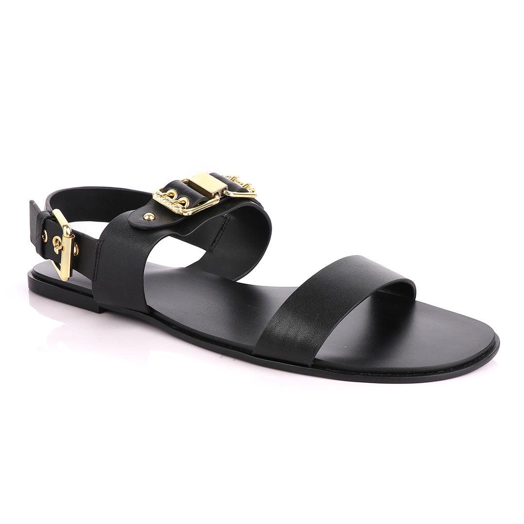 Giuseppe Zanotti Black Gold Chain Double Buckle Leather Sandal - Obeezi