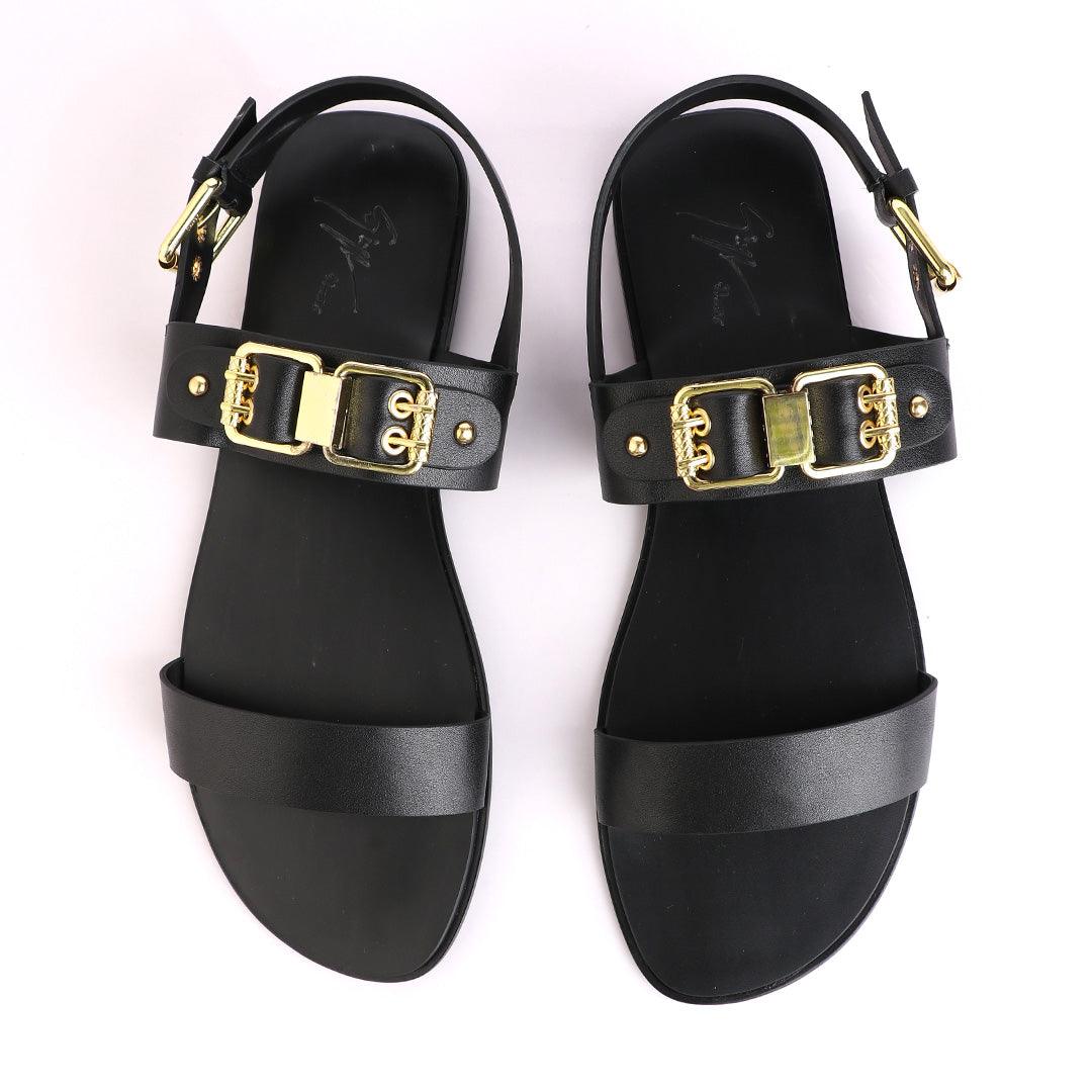 Giuseppe Zanotti Black Gold Chain Double Buckle Leather Sandal - Obeezi