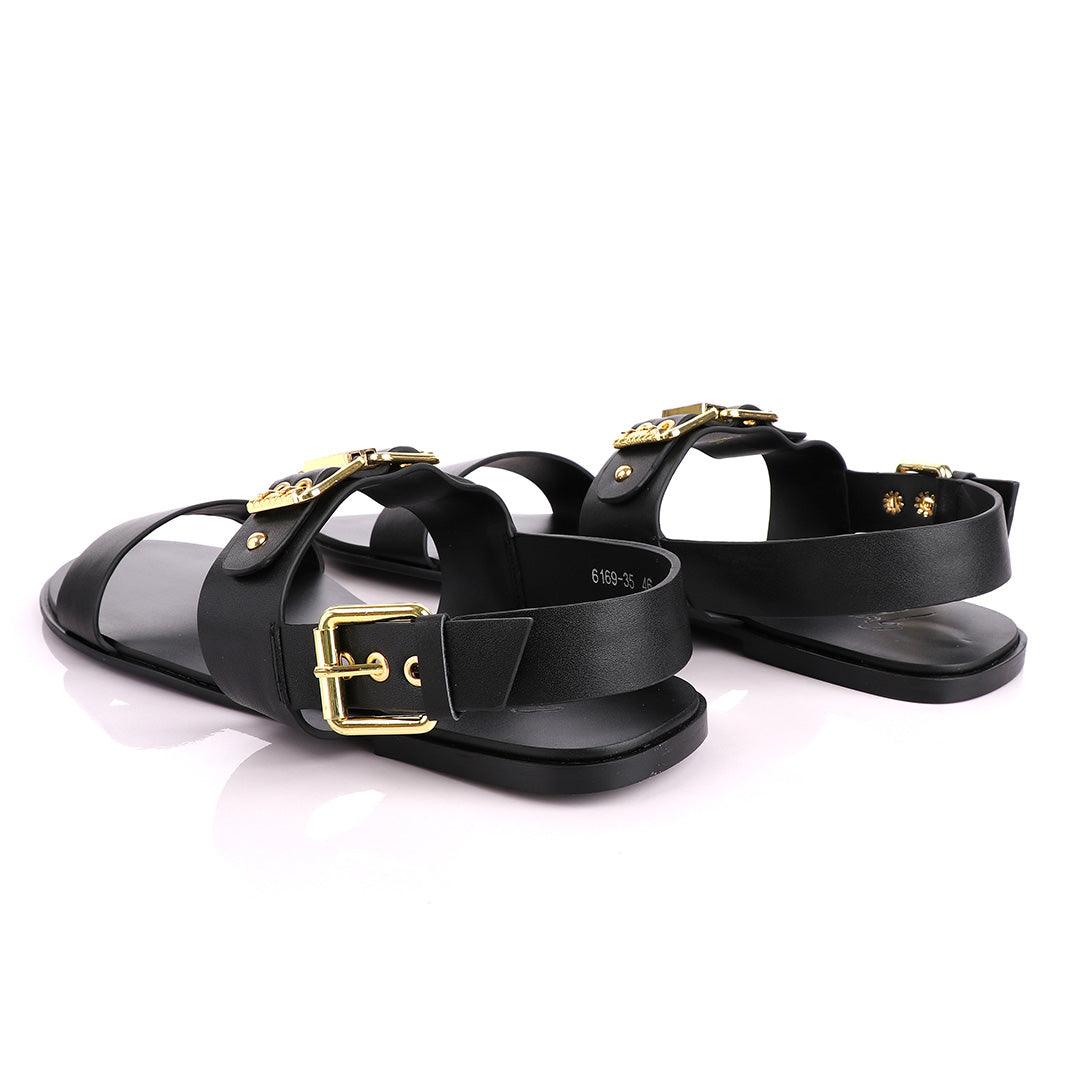Giuseppe Zanotti Black Gold Chain Double Buckle Leather Sandal - Obeezi