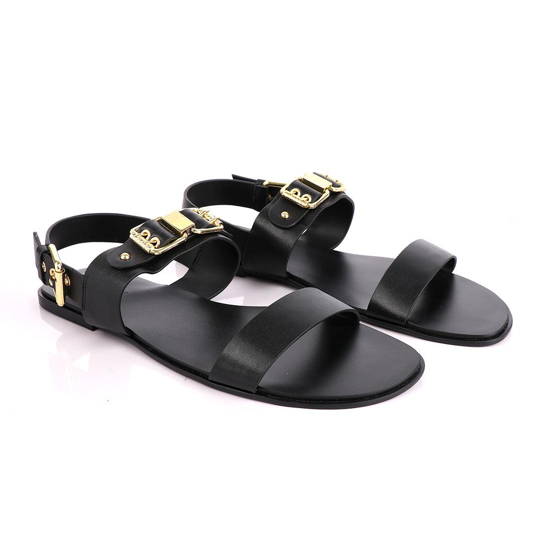 Giuseppe Zanotti Black Gold Chain Double Buckle Leather Sandal - Obeezi