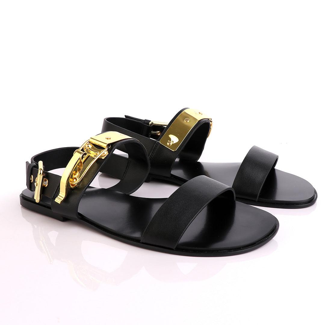 Giuseppe Zanotti Black Gold Ski-Buckle Leather Sandal - Obeezi