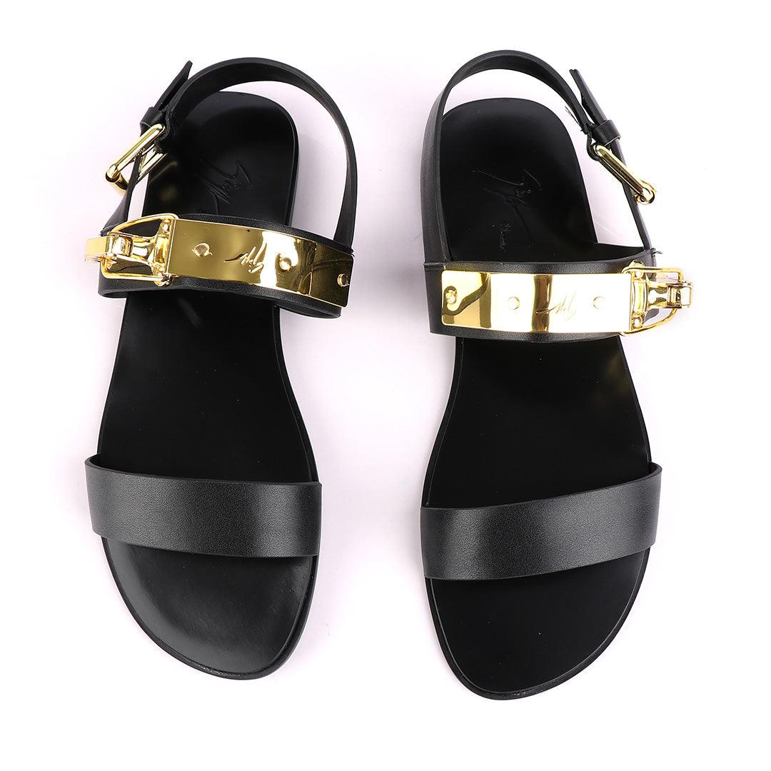 Giuseppe Zanotti Black Gold Ski-Buckle Leather Sandal - Obeezi