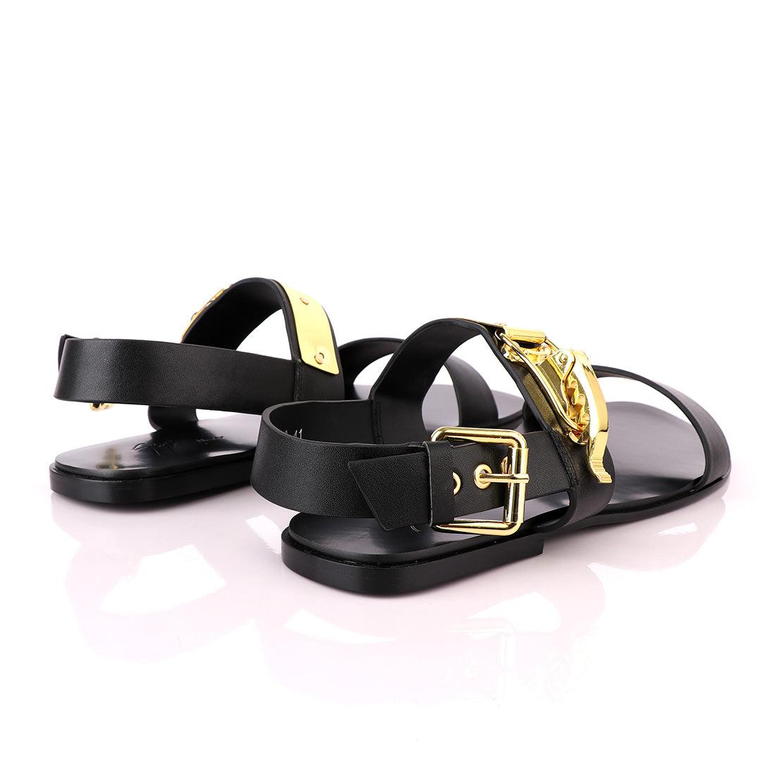 Giuseppe Zanotti Black Gold Ski-Buckle Leather Sandal - Obeezi