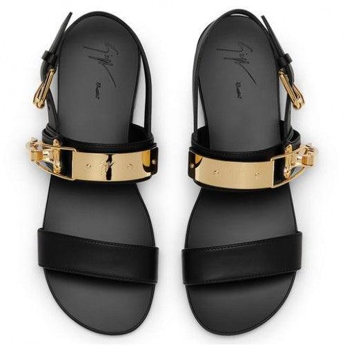 Giuseppe Zanotti Black Gold Ski-Buckle Leather Sandal - Obeezi