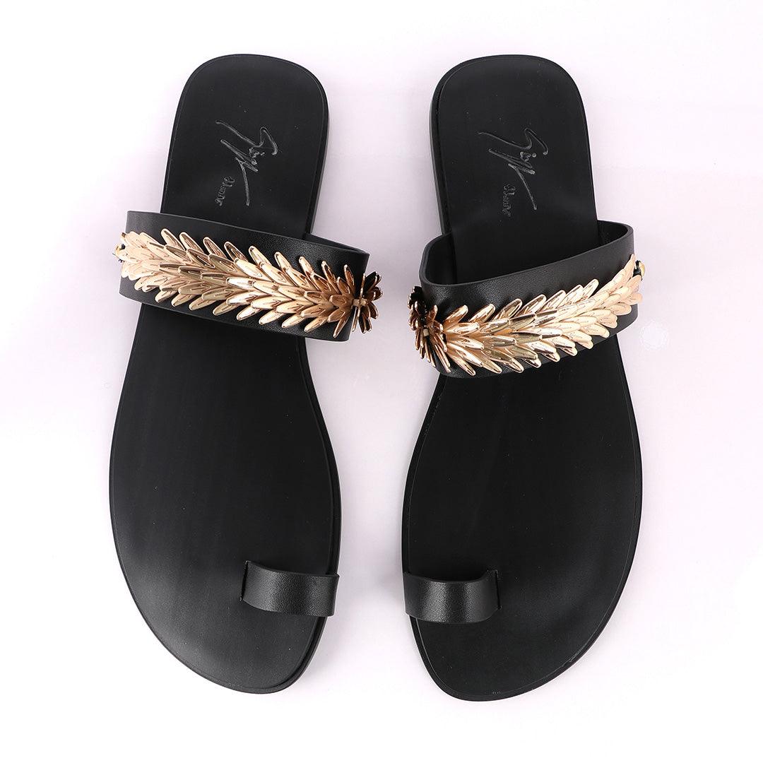 Giuseppe Zanotti Black Ring Flat Gold Strap Sandals - Obeezi