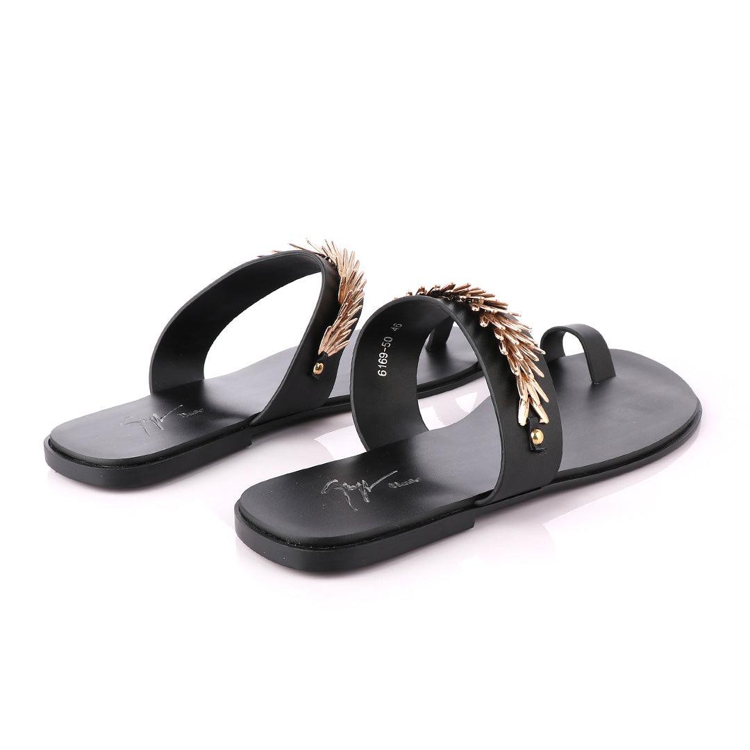 Giuseppe Zanotti Black Ring Flat Gold Strap Sandals - Obeezi
