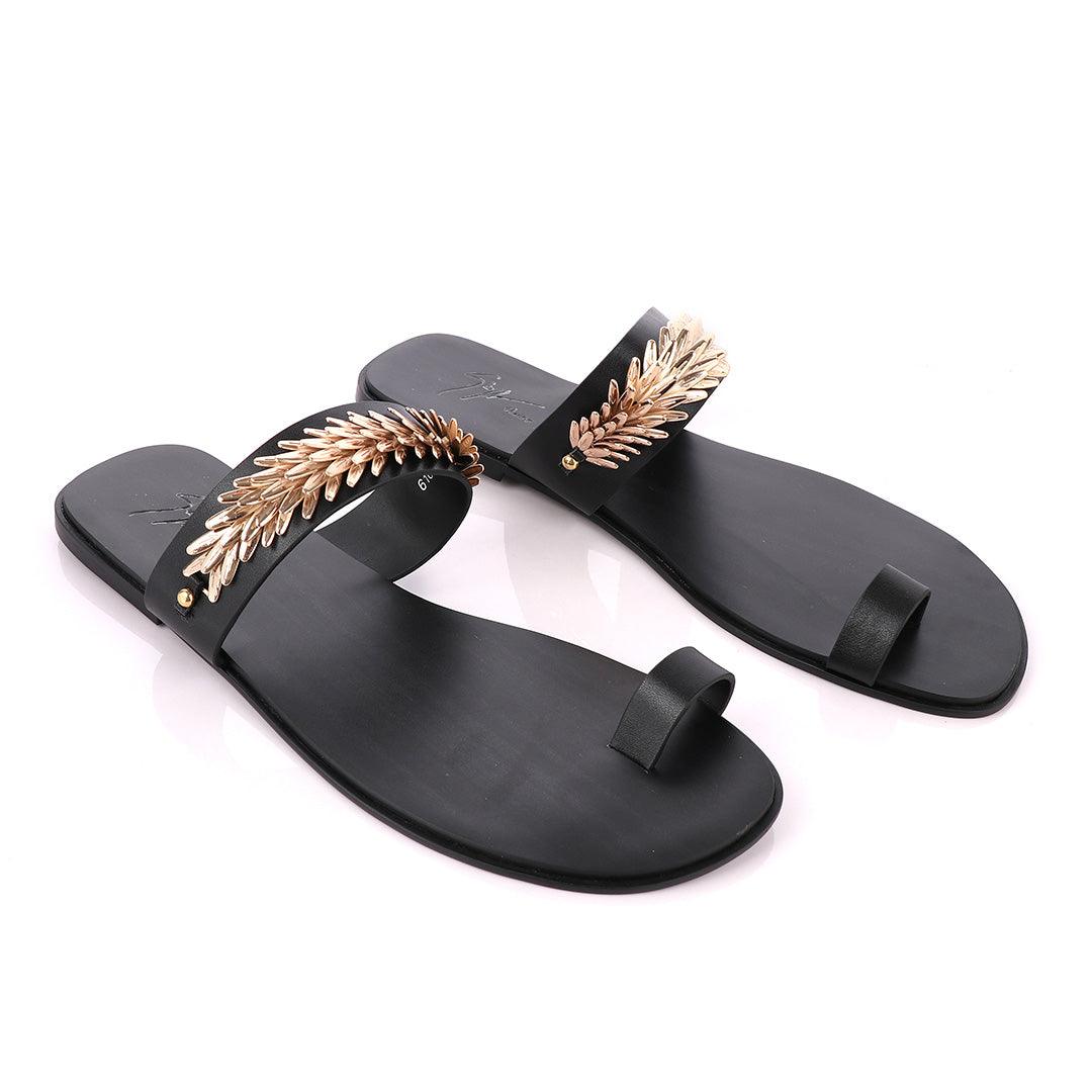 Giuseppe Zanotti Black Ring Flat Gold Strap Sandals - Obeezi
