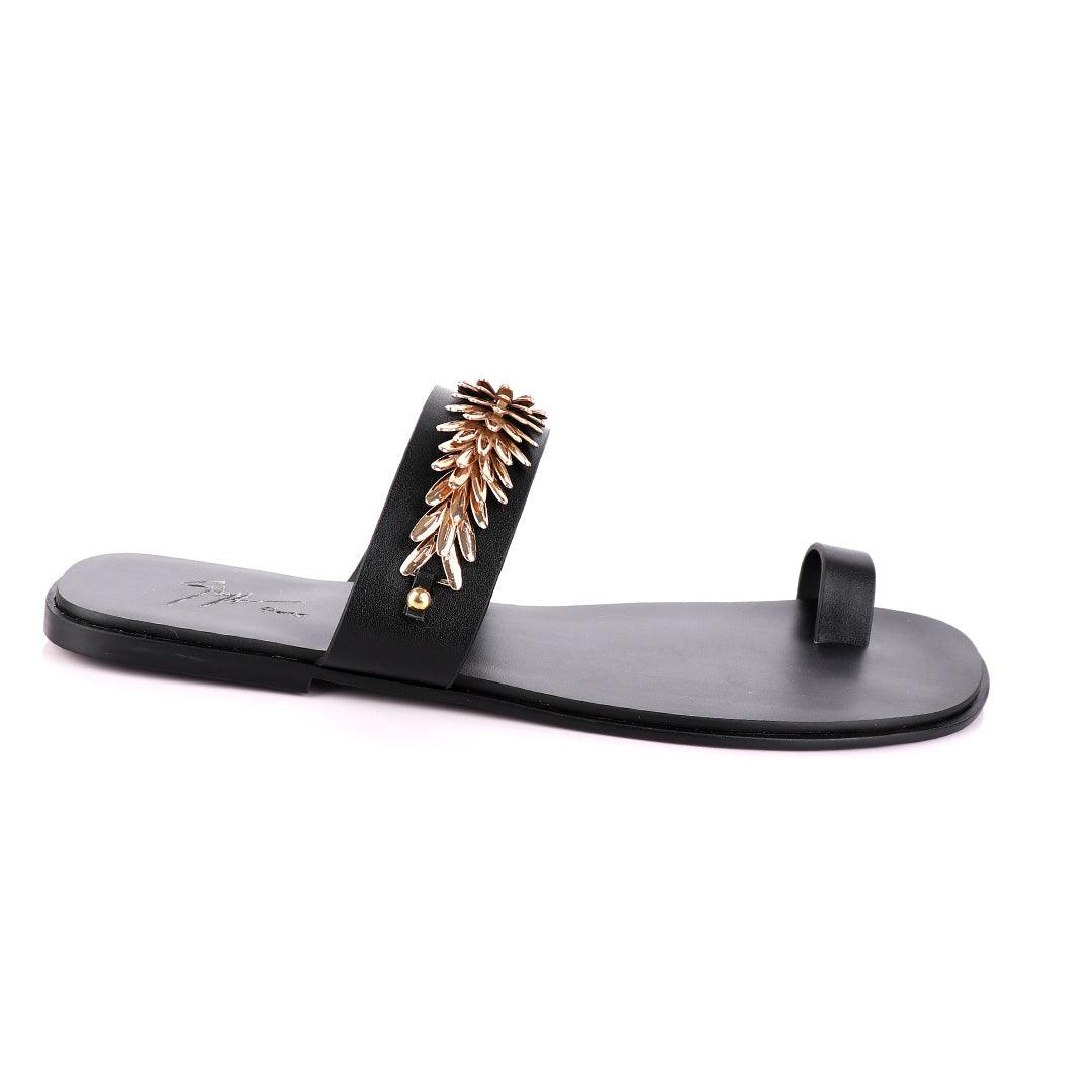 Giuseppe Zanotti Black Ring Flat Gold Strap Sandals - Obeezi