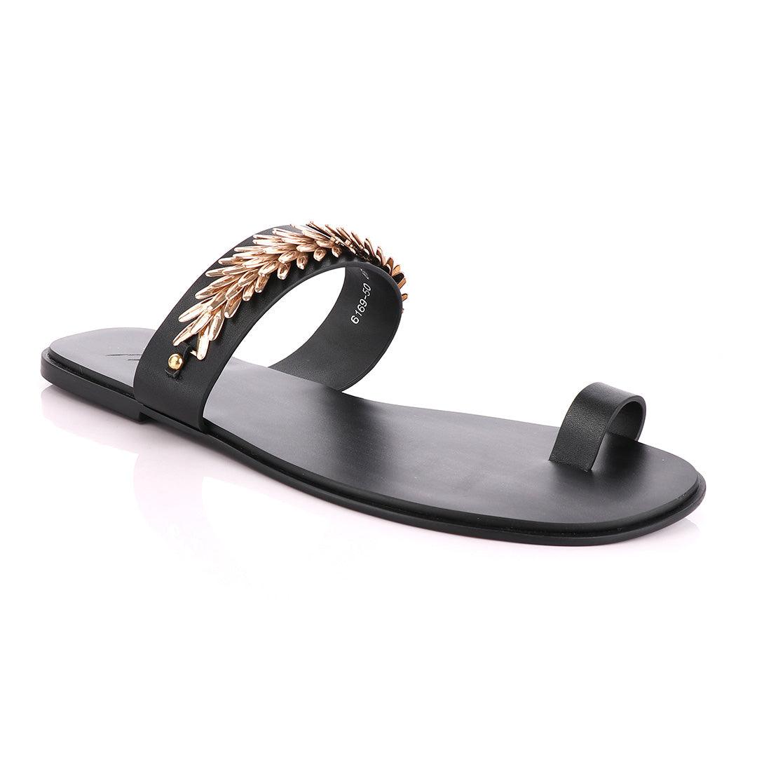 Giuseppe Zanotti Black Ring Flat Gold Strap Sandals - Obeezi