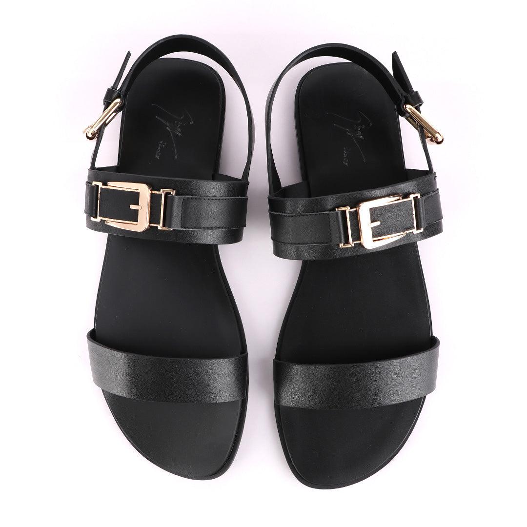 Giuseppe Zanotti Gold Buckle Black Leather Sandal - Obeezi
